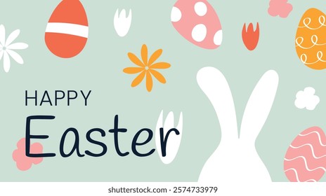 Happy Easter Doodle. Colored Eggs, white Bunny ears and Flowers. Greeting Card with text. Hand drawn spring holiday items. Buds, floral elements. Congratulations. Children images. Vector illustration