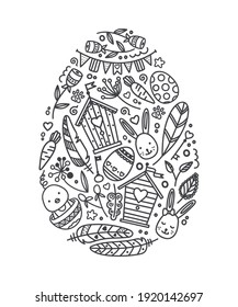Happy easter doodle elements in the egg shape. Black and white hand drawn vector illustration.