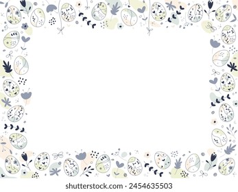 Happy Easter Doodle frame. Horizontal Floral Design. Vector copy space Background for greeting card, banner or invitation