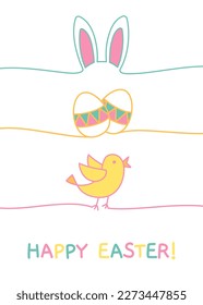 Happy Easter doodle greeting card with bunny ears, chcken eggs and chick