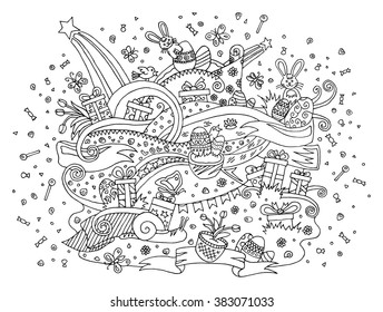 Happy Easter doodle greeting card outline design with flowers eggs and rabbit elements composition.