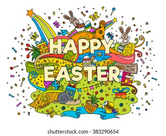 Happy Easter doodle greeting card outline design with flowers eggs and rabbit elements composition.