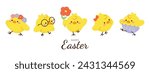 Happy Easter doodle hand drawn background vector. Cute Chick wallpaper of with yellow chicks in different pose, flower, easter element. Chicken illustration for clipart, sticker, card.