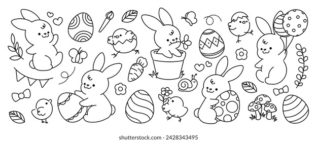 Happy Easter doodle hand drawn vector. Cute set of rabbit, chicks, eggs, flower, leaf, carrot, butterfly easter element. Spring event and bunny illustration for clipart, sticker, card.