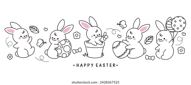 Happy Easter doodle hand drawn background vector. Cute wallpaper of rabbit, balloon, eggs, flower, leaf, easter element. Spring event and bunny illustration for clipart, sticker, card.