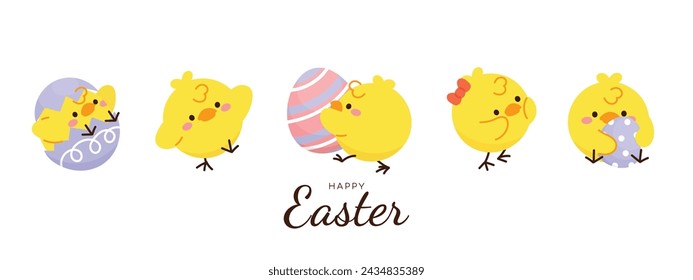 Happy Easter doodle hand drawn background vector. Cute Chick wallpaper of with yellow chicks in different pose, flower, easter element. Chicken illustration for clipart, sticker, card.