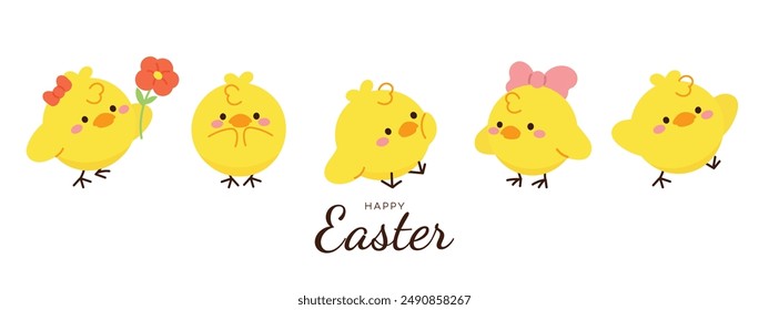 Happy Easter doodle hand drawn background vector. Cute Chick wallpaper of with yellow chicks in different pose, flower, easter element. Chicken illustration for clipart, sticker, card.