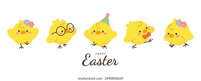 Happy Easter doodle hand drawn background vector. Cute Chick wallpaper of with yellow chicks in different pose, flower, easter element. Chicken illustration for clipart, sticker, card.