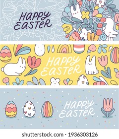 Happy Easter doodle horizontal banner design set with bunny, tulip flowers, eggs, drops, particles. Spring holiday decorative template