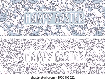 Happy Easter doodle horizontal banner design with bunny, tulip flowers, eggs, drops, particles. Spring holiday decorative tile able background. 