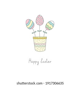 Happy Easter. Doodle illustration of Easter decorations with hand written greeting phrase. Can be used for Easter invitation or greeting card. Vector 10 ESP.