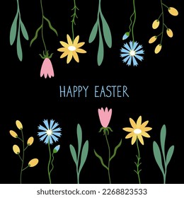 Happy Easter. Doodle illustration with forest flowers, leaves with sign Happy Easter and spring related elements. Great poster or card for social networks.Spring ornament