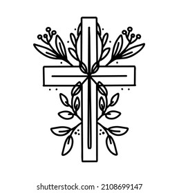 Happy Easter doodle line art design. Black monochrome element. Christian cross. Religie, christianity. Isolated on white background.