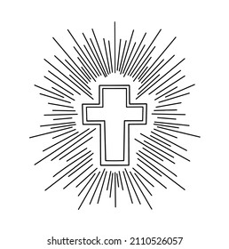 Happy Osterdoodle Linie Kunstdesign. Schwarzes einfarbiges Element. Christliches Kreuz. Religion, Christentum. Einzeln auf weißem Hintergrund.