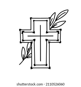 Happy Easter doodle line art design. Black monochrome element. Christian cross. Religie, christianity. Isolated on white background.