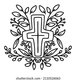 Happy Easter doodle line art design. Black monochrome element. Christian cross. Religie, christianity. Isolated on white background.