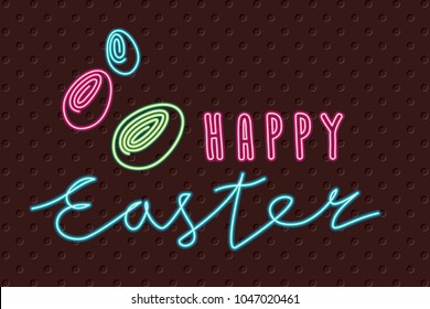 Happy Easter Doodle Manner Logo Lettering with Egg Shapes Glowing Neon Light Style - Green Red and Turquoise Elements on Brown Holes Wallpaper Background - Hand Drawn Flat Design
