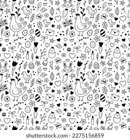 Happy Easter doodle pattern. Vector cute characters and design elements - eggs, bunny, rabbits, chickens, spring flowers, butterflies, hearts, stars. Hand drawn doodle illustration