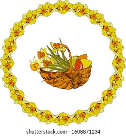 Happy Easter Doodle. Round frame in the form of a wreath of yellow daffodils.Isolated on a white background with the inscription Hello spring. Festive floral circle for your season design.