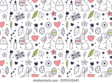 Happy Easter doodle seamless pattern. Vector cute characters and design elements - eggs, bunny, rabbits, chicken, spring flowers, butterflies, hearts, stars. Hand drawn doodle illustration
