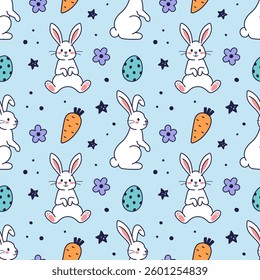 Happy Easter doodle seamless pattern. Vector cute characters and design elements - eggs, bunny, rabbits, chicken, spring flowers, butterflies, hearts, stars. Hand drawn doodle illustration
