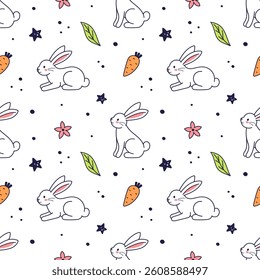 Happy Easter doodle seamless pattern. Vector cute characters and design elements - eggs, bunny, rabbits, spring flowers, carrot, stars. Hand drawn doodle illustration