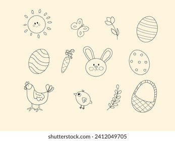 Feliz Día de Pascua. Conejo de Pascua, pollo, polluelo, huevos, ramas, flores en estilo boceto. Elemento de diseño. Dibujo manual, estilo de contorno. Ilustración vectorial, clipart. 