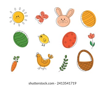 Feliz Día de Pascua. Conejo de Pascua, pollo, polluelo, huevos, ramas, flores en estilo boceto. Elemento de diseño en primavera. Dibujo manual, estilo de contorno. Ilustración vectorial, clipart. 