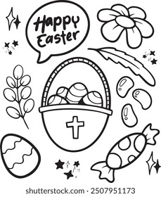 Happy Easter Doodle Set, Cute Hand Drawn Collection. Adorable hand-drawn Easter doodle set with bunnies, eggs, and spring flowers. Ideal for creating charming holiday designs, cards, and decorations