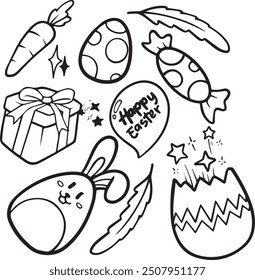 Happy Easter Doodle Set, Cute Hand Drawn Collection. Adorable hand-drawn Easter doodle set with bunnies, eggs, and spring flowers. Ideal for creating charming holiday designs, cards, and decorations