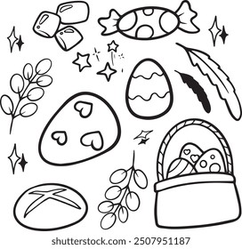 Happy Easter Doodle Set, Cute Hand Drawn Collection. Adorable hand-drawn Easter doodle set with bunnies, eggs, and spring flowers. Ideal for creating charming holiday designs, cards, and decorations