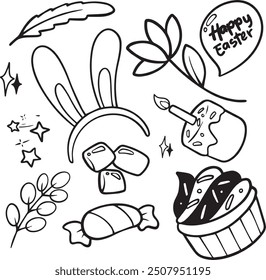 Happy Easter Doodle Set, Cute Hand Drawn Collection. Adorable hand-drawn Easter doodle set with bunnies, eggs, and spring flowers. Ideal for creating charming holiday designs, cards, and decorations