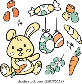 Feliz Pascua Doodle Set, linda Colección dibujada a mano. Adorable doodle de Pascua dibujado a mano con conejitos, huevos y flores de primavera. Ideal para crear diseños, tarjetas y decoraciones navideñas con encanto