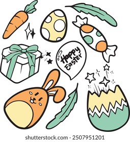 Feliz Pascua Doodle Set, linda Colección dibujada a mano. Adorable doodle de Pascua dibujado a mano con conejitos, huevos y flores de primavera. Ideal para crear diseños, tarjetas y decoraciones navideñas con encanto