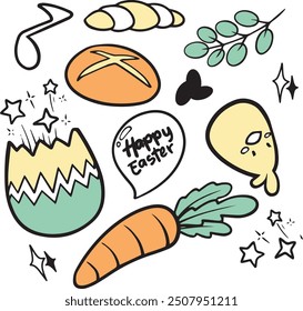 Feliz Pascua Doodle Set, linda Colección dibujada a mano. Adorable doodle de Pascua dibujado a mano con conejitos, huevos y flores de primavera. Ideal para crear diseños, tarjetas y decoraciones navideñas con encanto