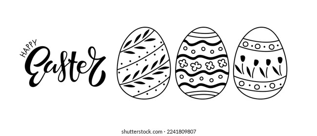 Happy Easter doodle set with lettering and easter eggs. Black and white Vector sketch illustration, design elements for cards, mugs, decor, shirt design, invitations for Easter holiday. Egg ornament