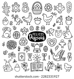 Happy Easter doodle set and lettering quote in Spanish. Chicken, plants, bunnies, flowers and traditional church utensils. Bell with wings, egg basket, tulips EPS 10 vector illustrations. Isolated