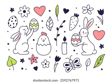 Happy Easter doodle set. Vector cute characters and design elements - eggs, bunny, rabbits, chicken, flowers, butterflies, hearts, stars. Hand drawn doodle illustrations collection. Coloring page