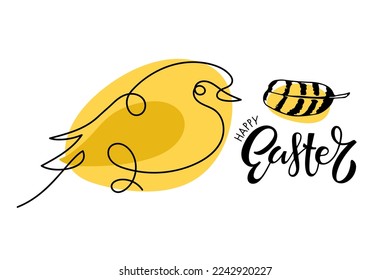 Happy Easter doodle sketch bird, calligraphy lettering and bird feather. Black yellow illustration, design elements for card, mug, decor, shirt design, invitations for Easter holiday. Easter ornament.