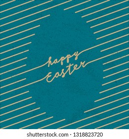 Happy Easter Doodle Style Logo and Blank Egg Shape Created by Repeating Oblique or Slanted Lines with Lettering - Gold on Turquoise Rough Paper Background - Vector Hand Drawn Design