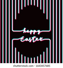 Happy Easter Doodle Style Realistic Anaglyth 3D Stereo Effect Logo Lettering and Egg Shape made with Horizontal Lines - Red Turquoise and White on Black Background - Vector Hand Drawn Design