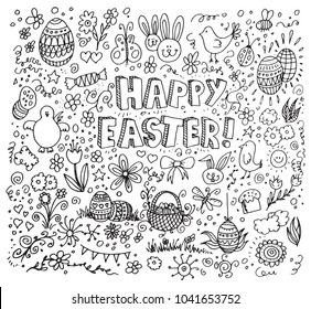 Happy easter doodles on white background
