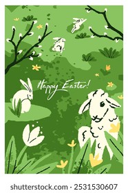 Feliz Pascua dibujando diseño de postal con animales lindos. Pintado jugando conejitos, cordero en tarjeta festiva para vacaciones religiosas. Patrón de conejos, ovejas en prado verde de primavera. Ilustración vectorial plana