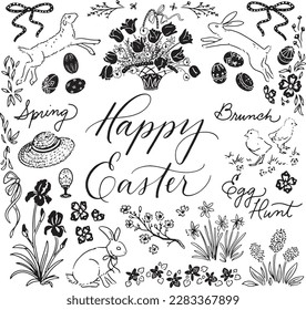 Happy Easter Drawing Set Group Spring Flowers black and white pen and ink line drawing illustration art clip spot vector