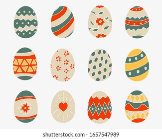 Happy Easter. Drawn by hand. Set of Easter colorful eggs with different texture on a white background.Spring holiday. Vector Illustration.Happy easter eggs.