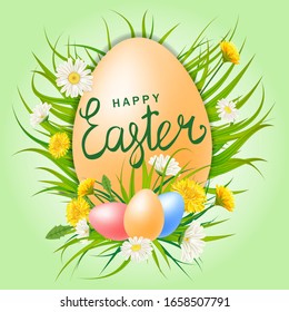 Happy Easter Eagg lettering template banner dandelions and daisies, grass, floral background. Vector illustration posters, flyers, greeting card, invitation