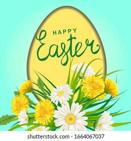 Happy Easter Eagg lettering template banner dandelions and daisies, grass, floral background. Vector illustration posters, flyers, greeting card, invitation