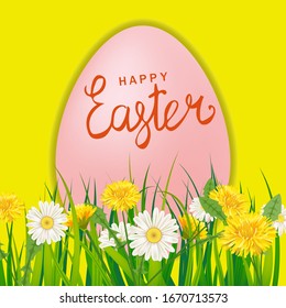 Happy Easter Eagg lettering template banner dandelions and daisies, grass, floral background. Vector illustration posters, flyers, greeting card, invitation