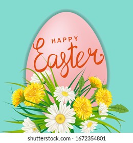 Happy Easter Eagg lettering template banner dandelions and daisies, grass, floral background. Vector illustration posters, flyers, greeting card, invitation