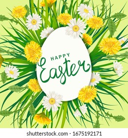 Happy Easter Eagg lettering template banner dandelions and daisies, grass, floral background. Vector illustration posters, flyers, greeting card, invitation